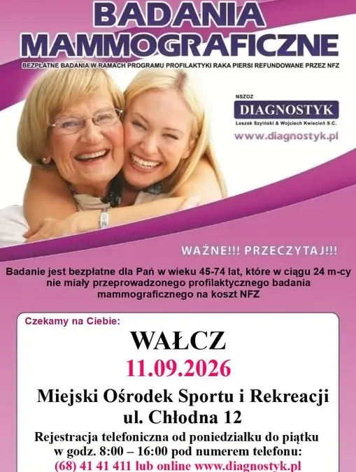 Bezpłatne badania mammograficzne w Wałczu – zapisy już trwają