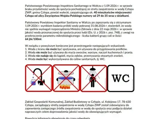 Uwaga! Woda z hydroforni ZWP w Człopie nie nadaje się do spożycia
