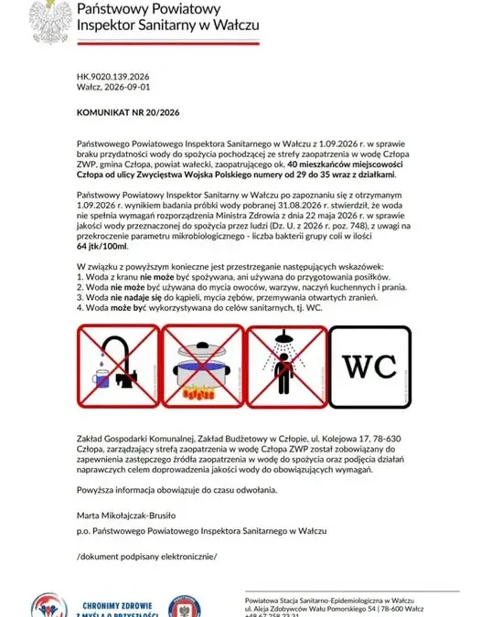 Uwaga! Woda z hydroforni ZWP w Człopie nie nadaje się do spożycia