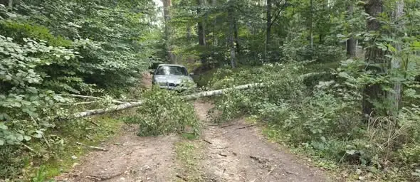 OSP Tuczno usuwa powalone drzewo blokujące dojazd do pola namiotowego Cypel