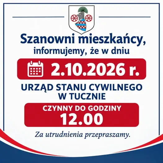 Urząd Stanu Cywilnego w Tucznie w piątek 2 października czynny krócej – do godz. 12:00