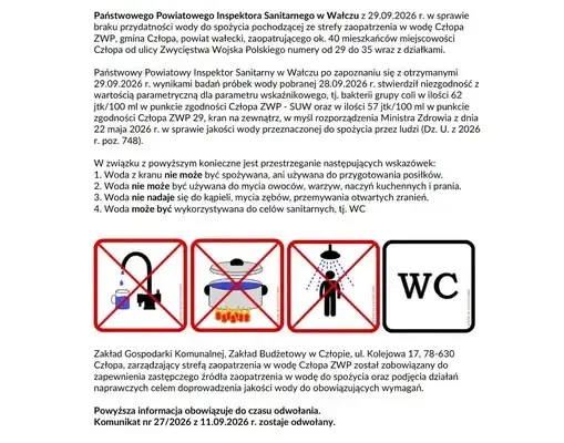 Woda na ul. ZWP w Człopie niezdatna do spożycia – komunikat sanepidu