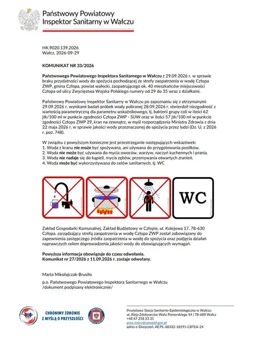 Woda na ul. ZWP w Człopie niezdatna do spożycia – komunikat sanepidu