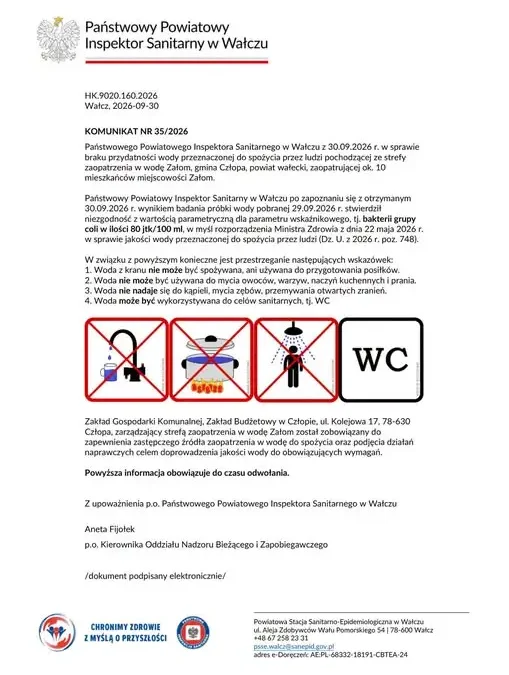 Woda w Załomie niezdatna do spożycia – komunikat sanepidu w Wałczu